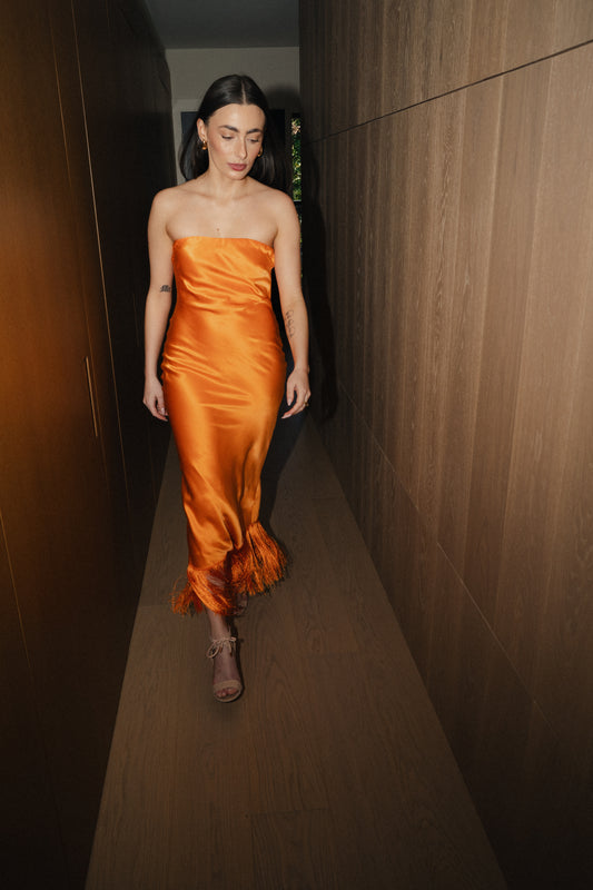 Strapless Silk Fringe Dress in Orange
