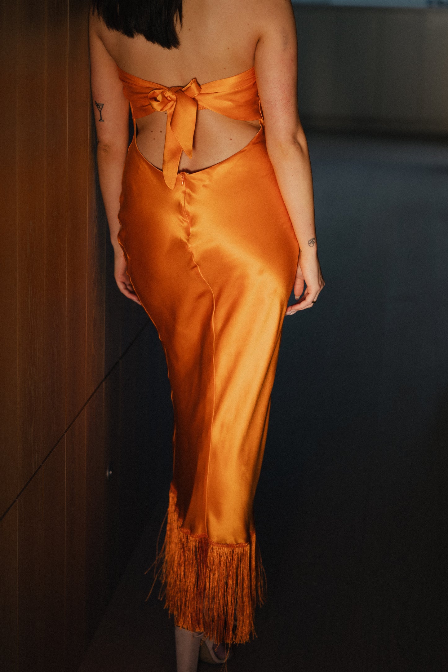 Strapless Silk Fringe Dress in Orange