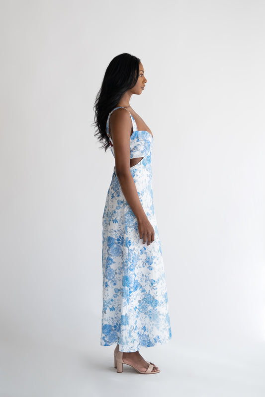 Delilah Cut Out Midi Dress in Sky Blue Floral